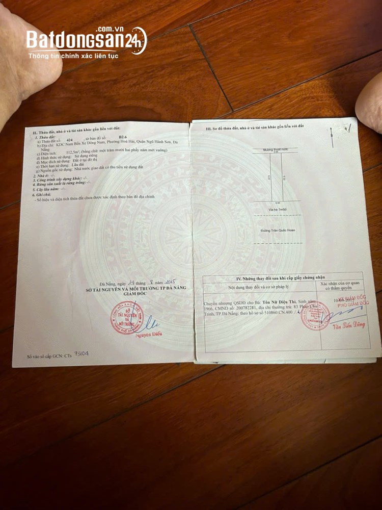 Bán đất mặt tiền đường Trần Quốc Hoàn, phường Khuê Mỹ, Ngũ Hành Sơn, Đà Nẵng – 338m².