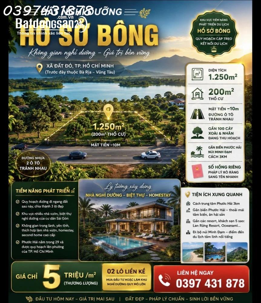 Bán đất tại Hồ Sở Bông, Đất Đỏ, Bà Rịa - Vũng Tàu, 1250m2, view đẹp, tiềm năng, 5 triệu/m2.