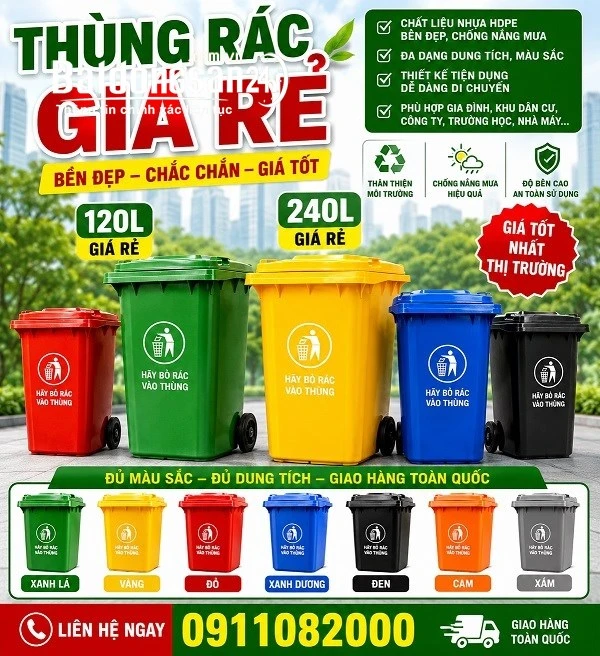 Thùng rác công nghiệp 120–660 lít, nhựa HDPE, nhiều màu sắc, giá cạnh tranh.