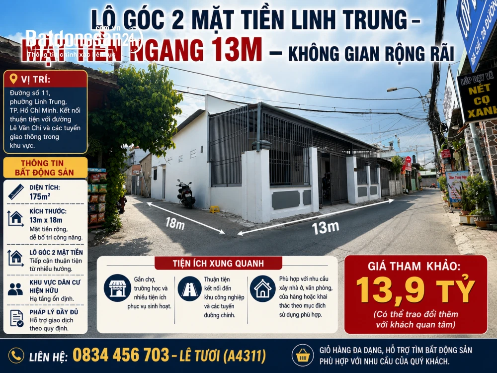 Bán nhà góc 2 mặt tiền Linh Trung, Thủ Đức,175m², mặt tiền 13m, giá 13,9 tỷ.