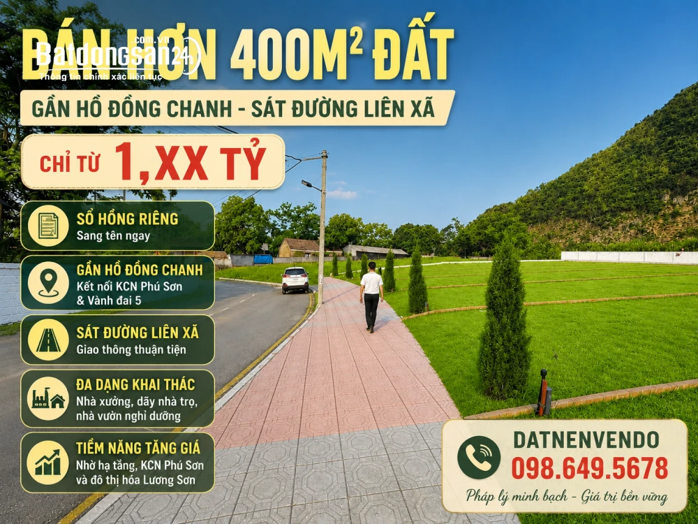 Đất hơn 400m² gần hồ Đồng Chanh, sát đường liên xã, gần KCN Phú Sơn, Xã Lương Sơn, Phú Thọ.