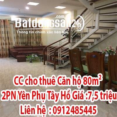 CC cho thuê Căn hộ 80m² - 2PN Yên Phụ, Tây Hồ,Giá :7,5 triệu