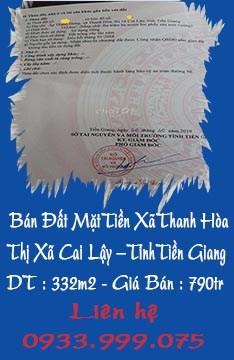 Chính Chủ Cần Bán Đất Mặt Tiền Tại Xã Thanh Hòa - Thị Xã Cai Lậy -
