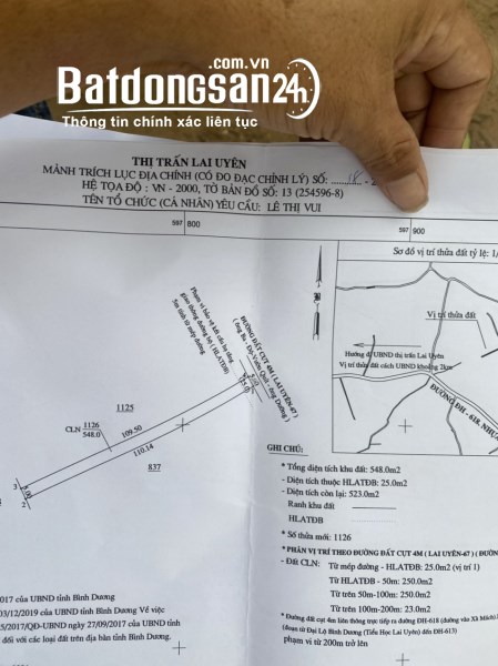 ĐẤT THỊ TRẤN LAI UYÊN KHÁCH BỎ CỌC 548M2