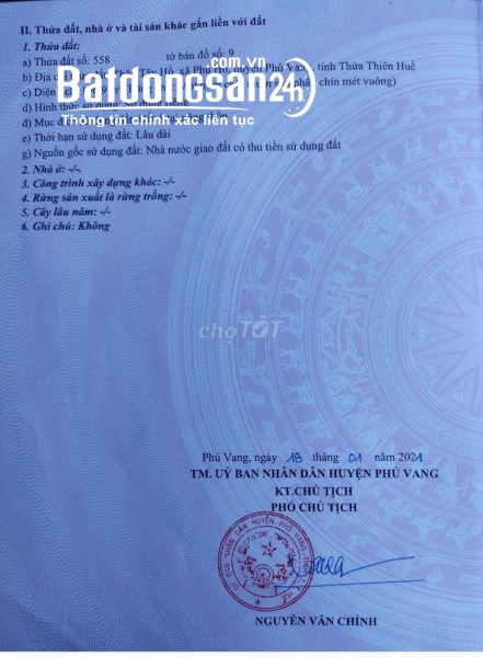Bán đất KQH Xã Phú Hồ, Huyện Phú Vang, Thừa Thiên Huế.