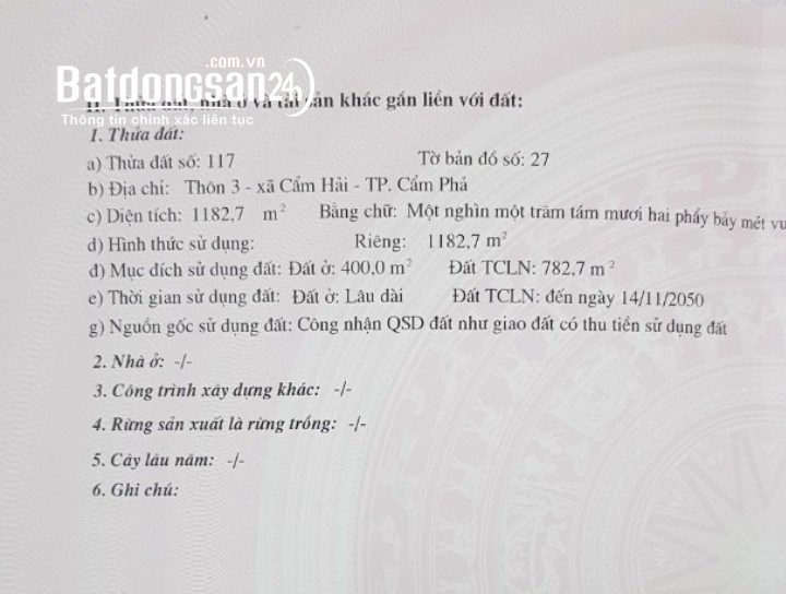 CHÍNH CHỦ CẦN BÁN LÔ ĐẤT TẠI XÃ CẨM HẢI, TP. CẨM PHẢ, QUẢNG NINH