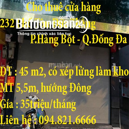 Cho thuê cửa hàng 232 Phố Tôn Đức Thắng, Phường Hàng Bột, DT 45 m2