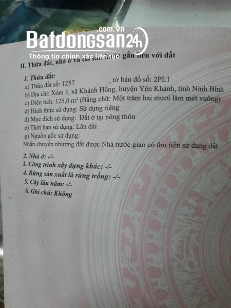 BÁN GẤP 2 LÔ ĐẤT ĐẸP TRUNG TÂM HUYỆN YÊN KHÁNH, NINH BÌNH