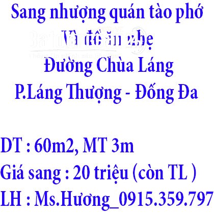 Sang nhượng quán tào phớ và đồ ăn nhẹ 60m2 mặt tiền Chùa Láng, Đống