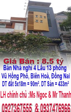 Bán Nhà nghỉ 4 Lầu 13 phòng, đường Vũ Hồng Phô, Biên Hoà, Đồng Nai