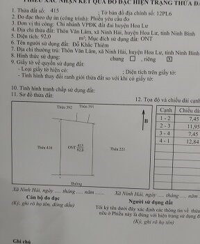 Cần bán đất chính chủ tại: Văn Lâm, Ninh Hải, Hoa Lư, Ninh Bình.