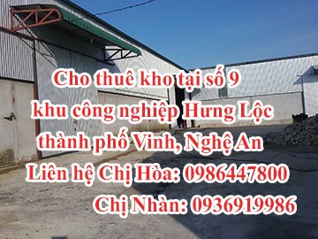Cho thuê kho tại số 9, khu công nghiệp Hưng Lộc, thành phố Vinh