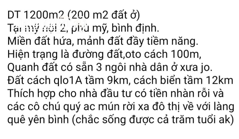 CẦN BÁN ĐT 1200M2 (200 M2 ĐẤT Ở) TẠI MỸ HỘI 2, PHÙ MỸ, BÌNH ĐỊNH