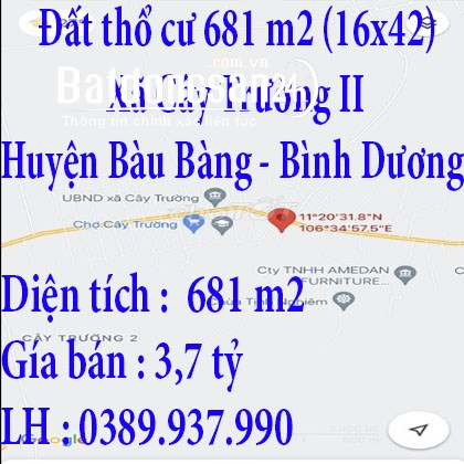 Đất thổ cư 681 m2 (16x42) Cây trường 2, Bàu Bàng