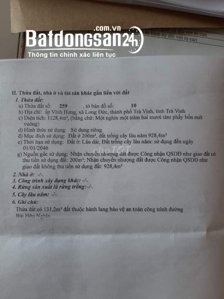 BÁN ĐẤT MẶT TIỀN ĐƯỜNG Bùi Hữu Nghĩa, Xã Long Đức, Thành phố Trà