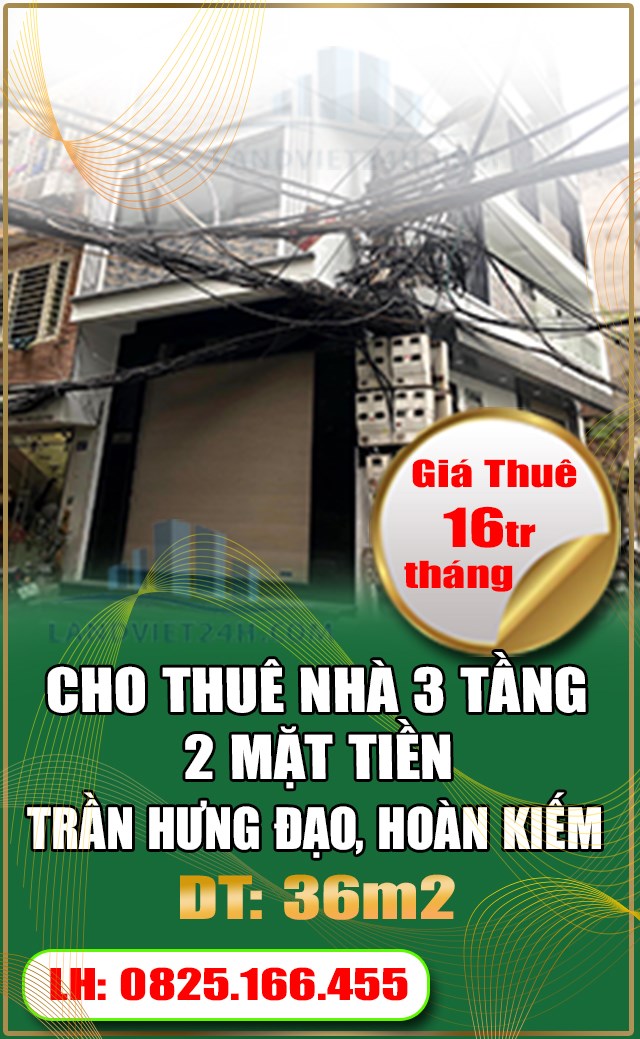 CHÍNH CHỦ CHO THUÊ 3 TẦNG, NHÀ 2 MẶT TIỀN, TRẦN HƯNG ĐẠO, HOÀN KIẾM,