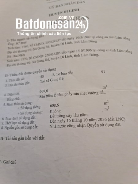 CẦN BÁN LÔ ĐẤT THUỘC CẦU 2 XÃ GUNG RÉ, HUYỆN DI LINH, LÂM ĐỒNG, ĐẤT