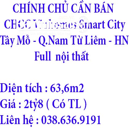 CHÍNH CHỦ CẦN BÁN CĂN HỘ CHUNG CƯ VINHOMES SMART CITY