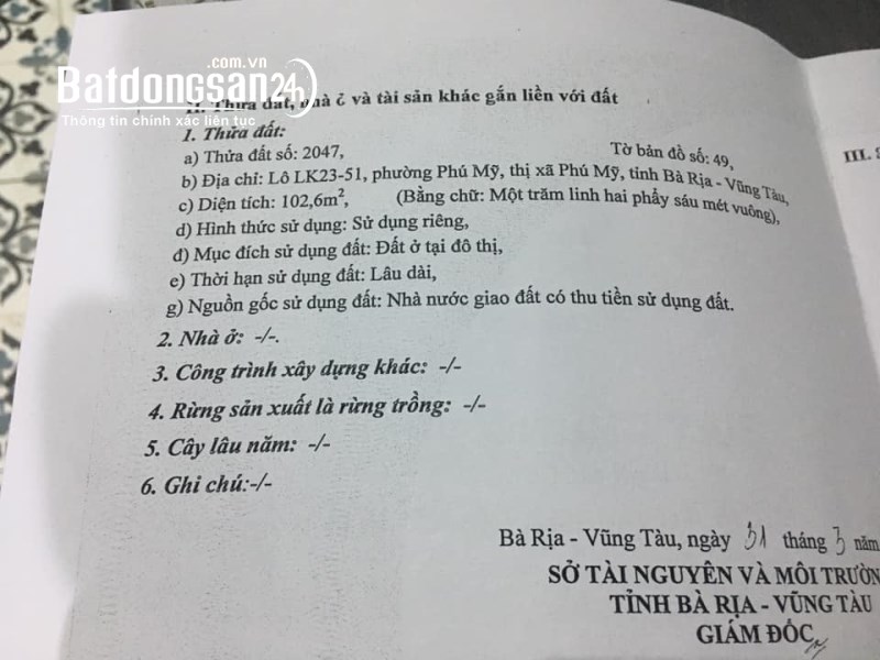 Bán đất 2 MT lô góc thoát hiểm ATA trung tâm thị xã Phú Mỹ