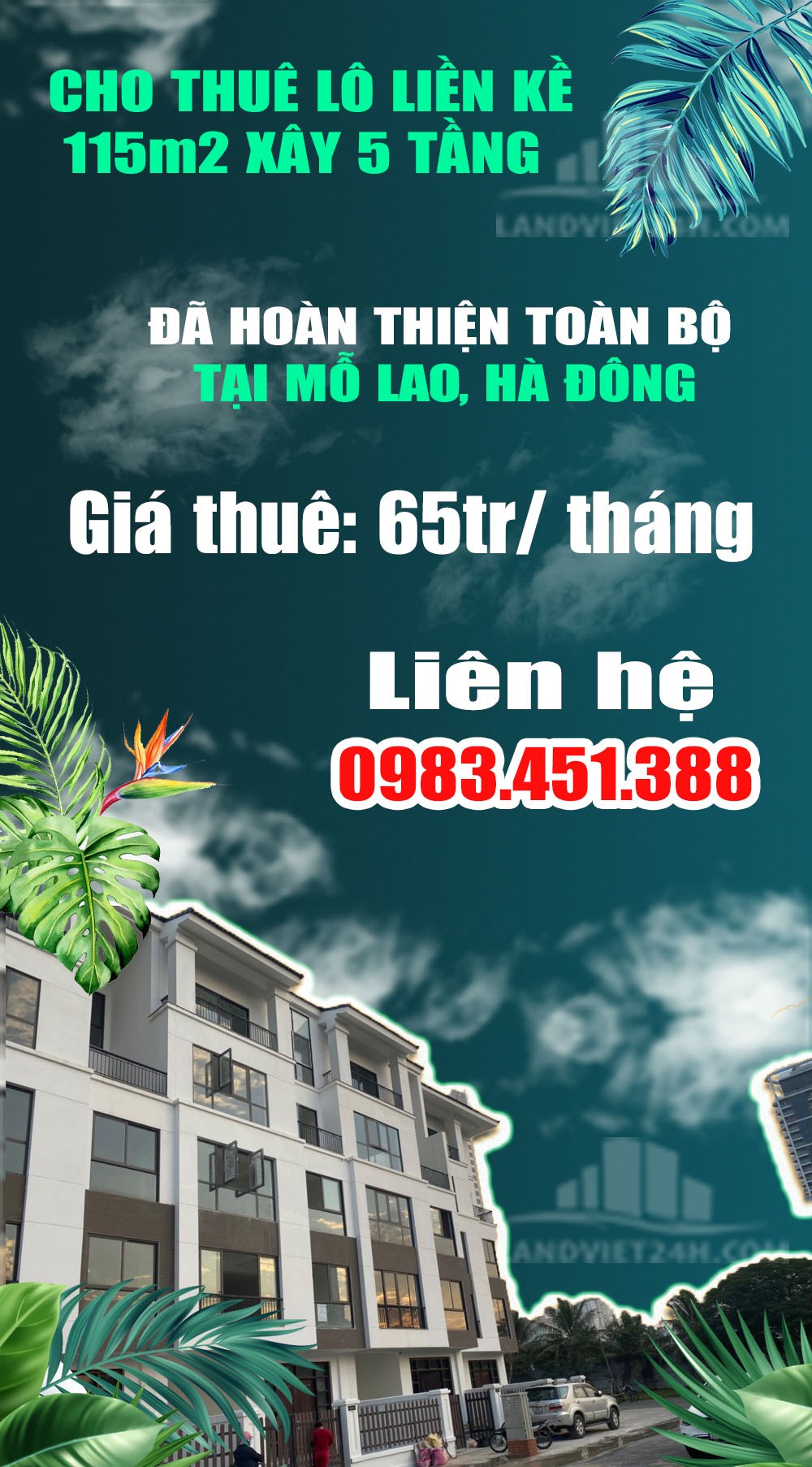 CHO THUÊ LÔ LIỀN KỀ 115m2 XÂY 5 TẦNG ĐÃ HOÀN THIỆN TOÀN BỘ TẠI MỖ