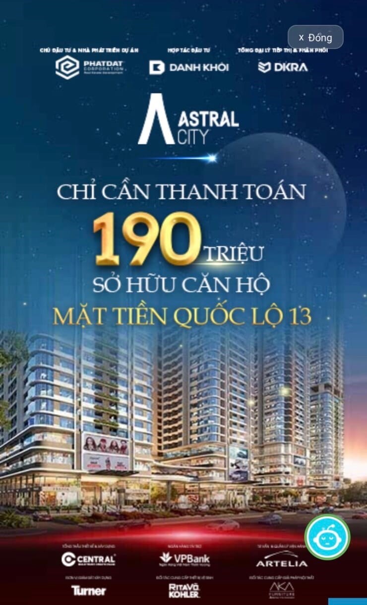 Chỉ 570 Triệu sở hữu Căn hộ Astral City mặt tiền đường QL13 liền kề