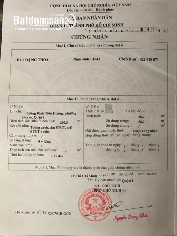 Bán nhà Đường Đinh Tiên Hoàng, Phường Đa Kao, Quận 1