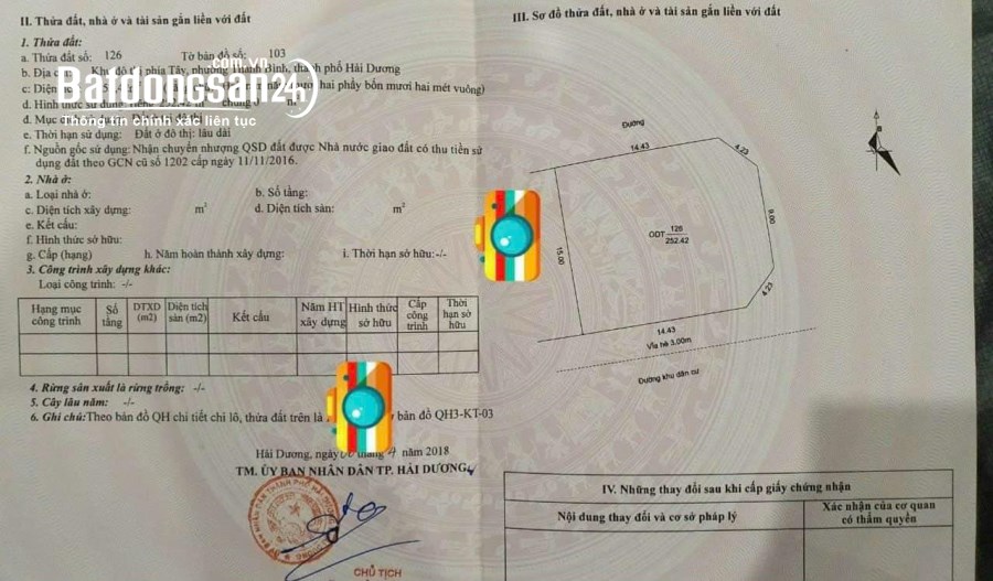 Bán lô đất biệt thự Trường An, ph Thanh Bình, TP HD, 252m2, 3 mặt tiền, view vườn cây