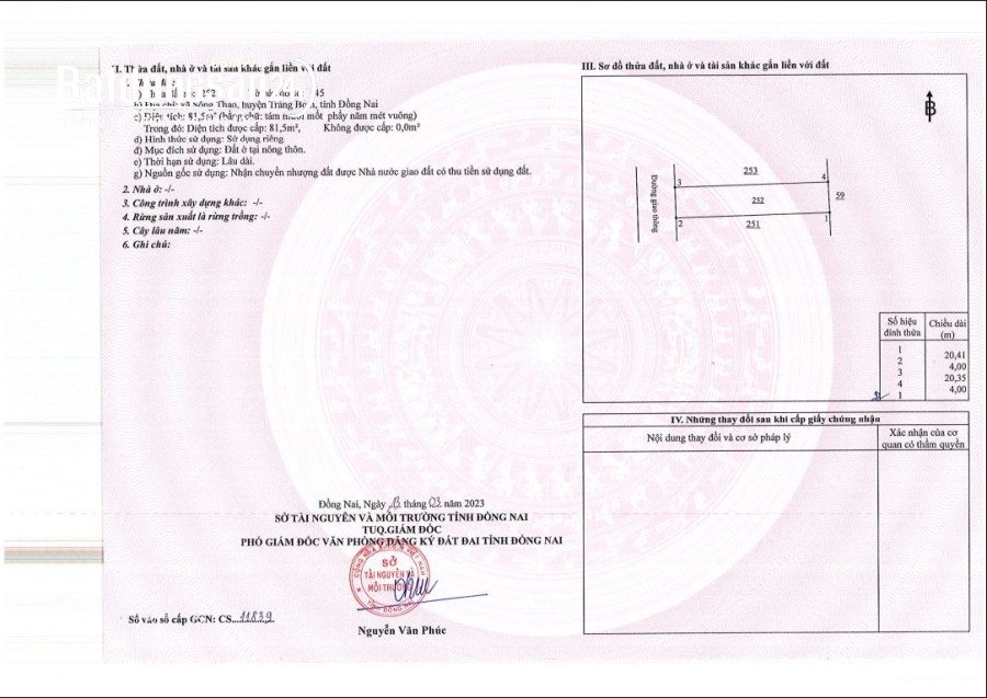 Bán đất Đường Sông Thao, Xã Sông Thao, Huyện Trảng Bom