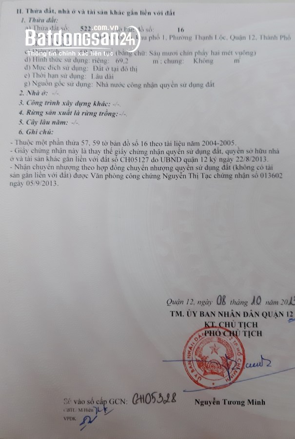 Bán đất 69m2, Hà Huy Giáp vào 200m, Phường Thạnh Lộc, Quận 12