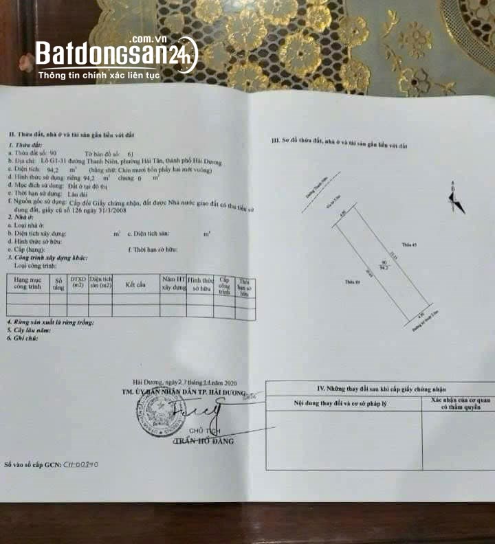 Bán 2 lô đất mặt đường Thanh Niên, Đông Nam Cường, TP HD, 190.6m2, mt 9m, KD đắc địa