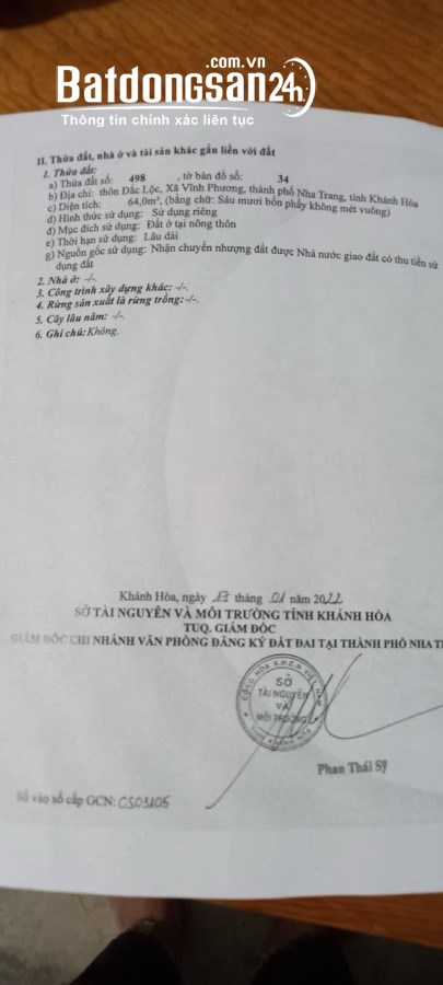 Bán đất Xã Vĩnh Phương, TP Nha Trang