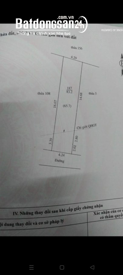 Bán đất ngõ phố Vũ Hựu, ph Thanh Bình, TP HD, 83.2m2, mt 4.24m, đường thông ô tô, chỉ