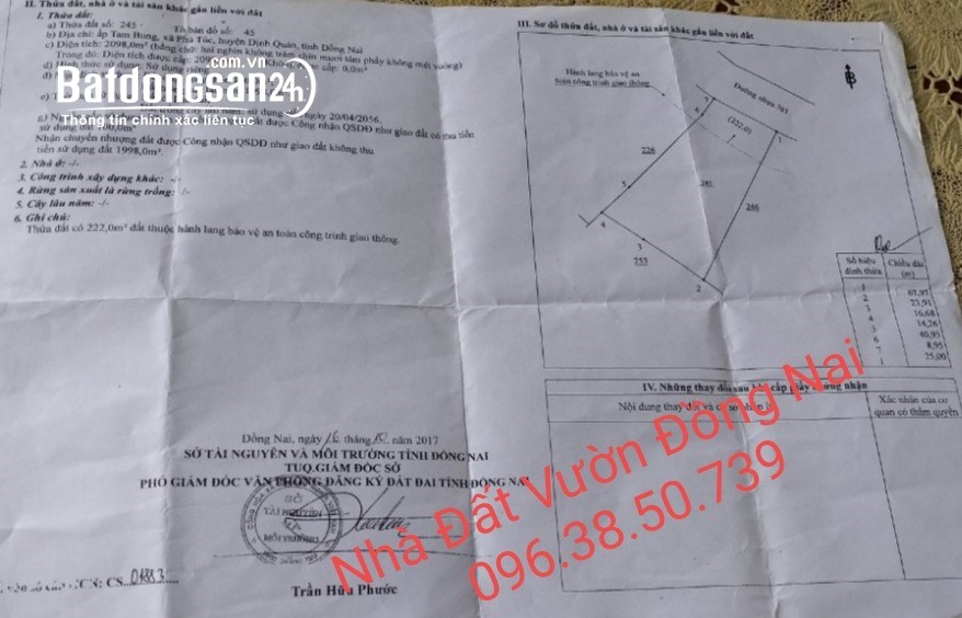 Bán 2.098m² (25mx68m) Đất ONT  Mặt Tiền Đường ĐT763. Định Quán - Đồng Nai .Giá chỉ 21