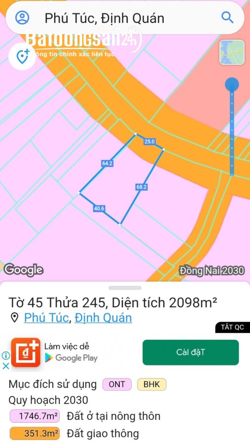 Bán 2.098m² (25mx68m) Đất ONT  Mặt Tiền Đường ĐT763. Định Quán - Đồng Nai .Giá chỉ 21
