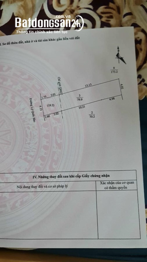 Bán lô đất mặt phố Lý Quốc Bảo, TP Hải Dương, 79..9m2, mt hơn 4m, hướng tây, đường ot