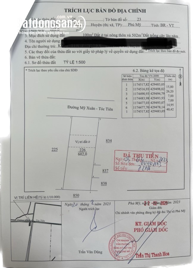 Cần bán 600m2 đất mặt tiền Mỹ Xuân, Tóc Tiên, Thị Xã Phú Mỹ