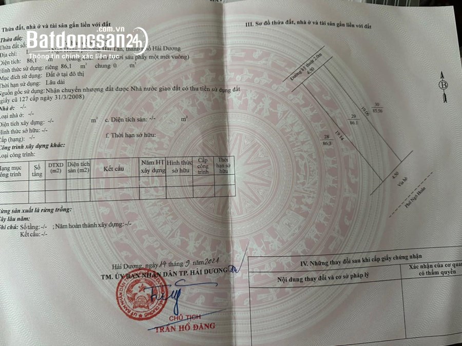 Bán đất mặt phố Ngô Hoán, Đông Nam Cường, TP HD, 86.1m2, mt 4.5, vỉa hè 5m cực rộng