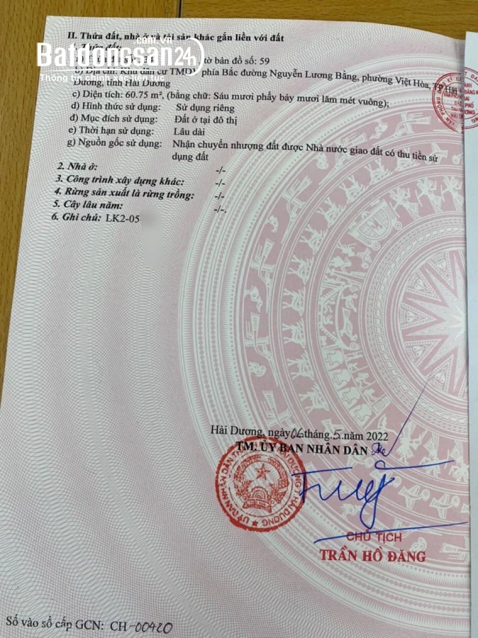 Bán đất KDC Bắc Nguyễn Lương Bằng, TP Hải Dương, 60.75m2, mt 4.5m, hướng đông