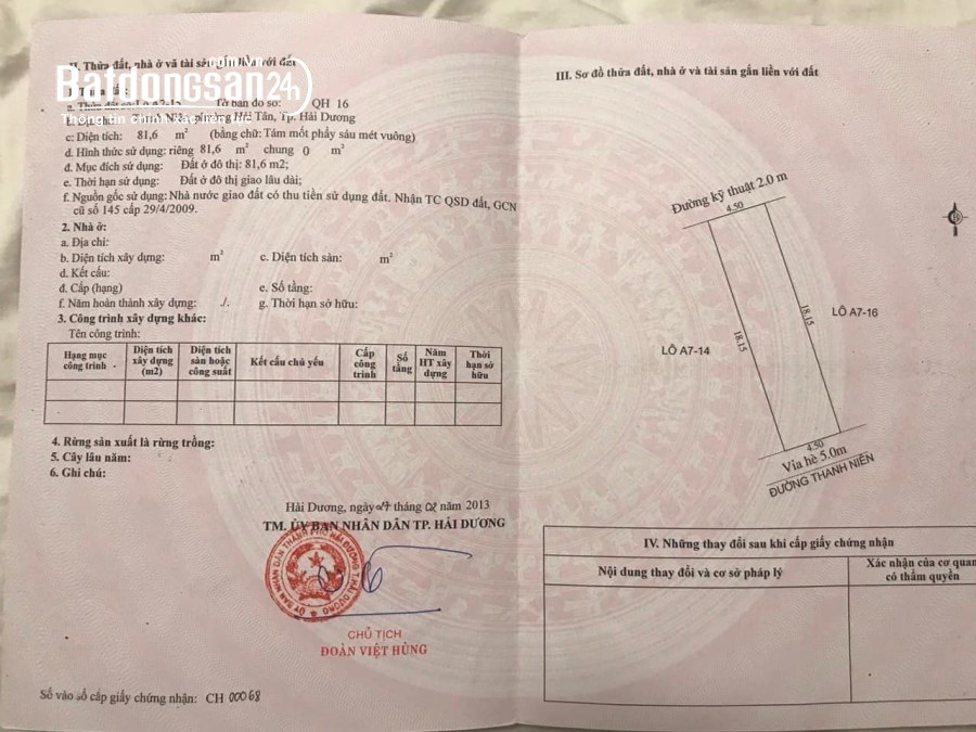 Bán đất mặt đường Thanh Niên, ph Hải Tân, TP HD, 81.6m2, mt 4.5m, KD buôn bán đắc địa