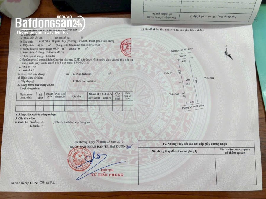 Bán đất KĐT Vạn Phúc, ph Tứ Minh, TP Hải Dương, 68m2, mt 4m, hướng bắc, đường 11.5m