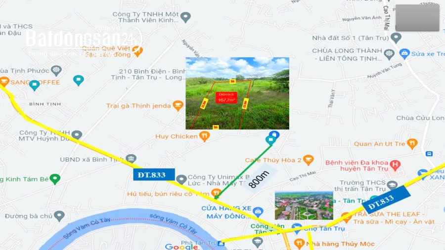 Bán đất Đường Tỉnh lộ 833, Xã Bình Tịnh, Huyện Tân Trụ, sổ hồng riêng, hỗ trợ cho vay
