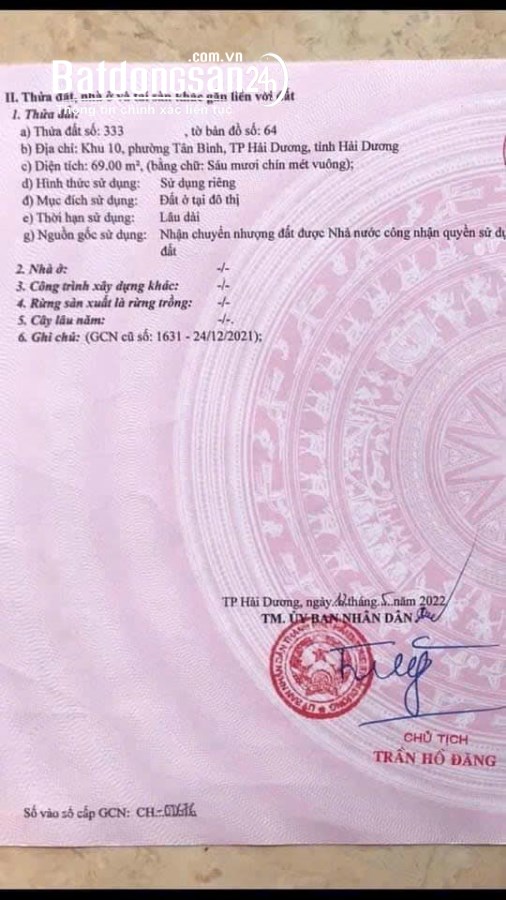 Bán đất ngõ 167 Bình Lộc, ph Tân Bình, TP HD, 69m2, mt 4m, nở hậu, đường thoáng, giá 