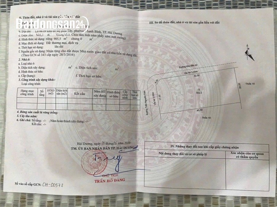Bán đất thương mại dịch vụ mặt đường Trần Nguyên Đán, Thanh Bình, TP HD, 905m2, lô gó