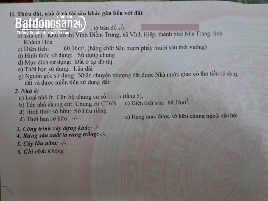 CH167 Bán căn hộ tầng 5 chung cư CT6 Vĩnh Điềm Trung