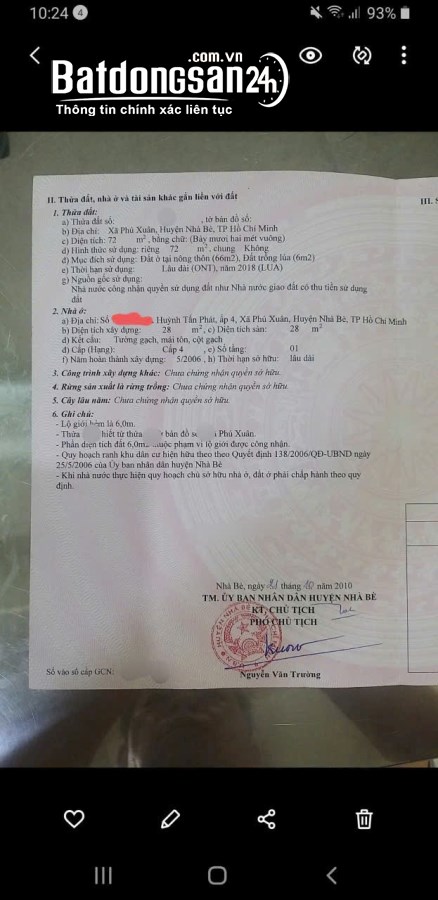Bán đất Đường Huỳnh Tấn Phát, Xã Phú Xuân, Huyện Nhà Bè, Dt 4 x18m. Giá 3 tỷ 60 triệu