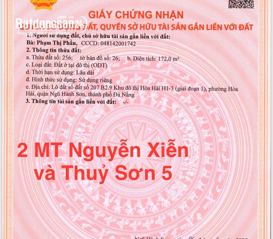  172m2 Đất 2MT Nguyễn Xiển và Thủy Sơn 5,H:T Bắc,giá:13 tỷ, Ngũ Hành Sơn