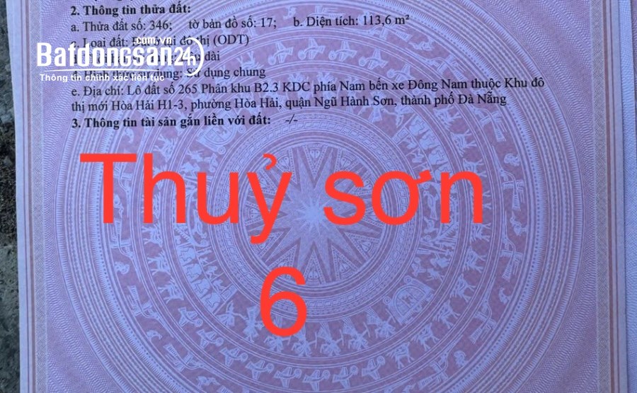 Bán đất nền phân lô Đường Thủy Sơn 6, Phường Hòa Hải, Quận Ngũ Hành Sơn