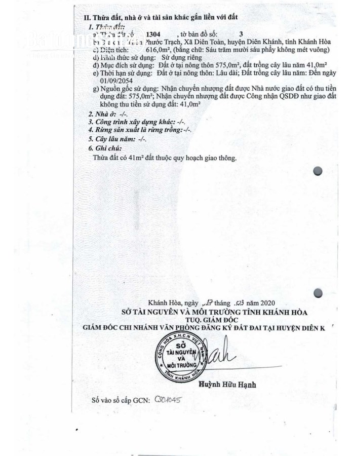 Bán đất Đường Phước Trạch, Xã Diên Khánh (Huyện Diên Khánh cũ), Khánh Hòa