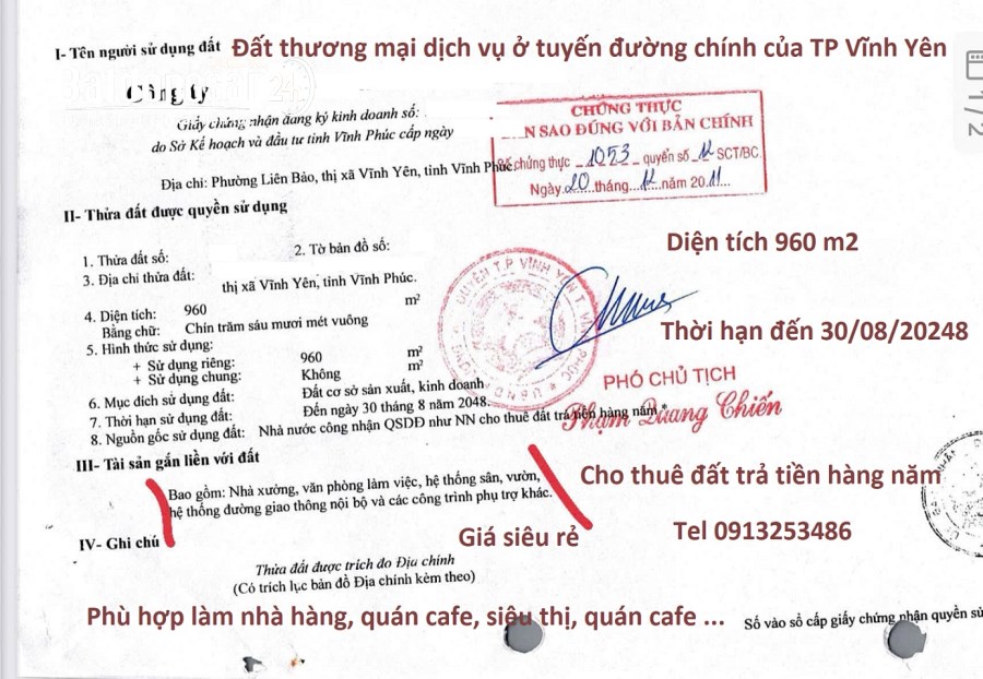 Bán 960 m2 đất sản xuất kinh doan ở đường Hùng Vương – Phường Vĩnh Yên – Tỉnh Phú Thọ