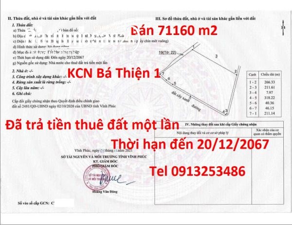 Bán 71160 m2 đất trong KCN nghiệp Bá Thiện, Xã Bình Nguyên (Huyện Bình Xuyên cũ), Tỉnh Phú Thọ